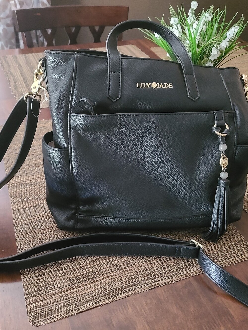 New Lily Jade Brittany Vegan Leather Black Tote Bag with Tassel Charm